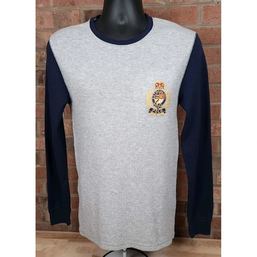 Polo Ralph Lauren Mens Small Gray Navy Crest Patch Waffle Knit Thermal T-Shirt